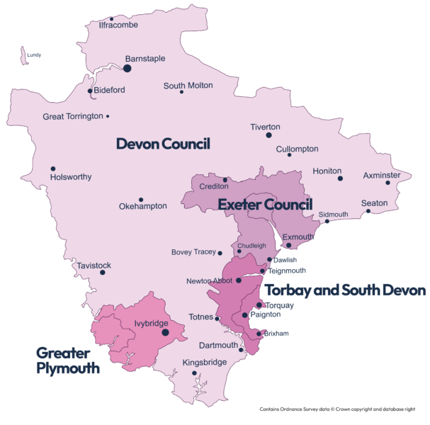 Map of Devon showing new boundary areas of the Devon, Exeter, Greater Plymouth and Torbay and South Devon councils