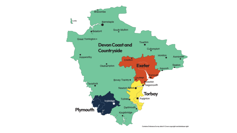 Map of Devon showing new boundary areas of the expanded Exeter, Plymouth and Torbay councils
