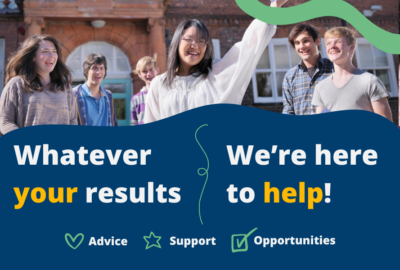 Graphic depicting young people receiving their exams results with the text, 'whatever your results, we're here to help!' written alongside