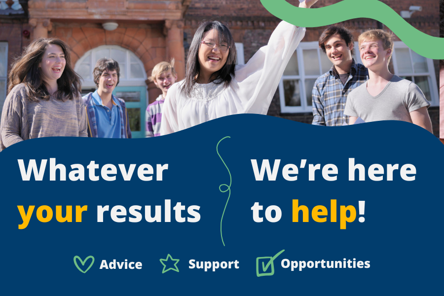 Graphic depicting young people receiving their exams results with the text, 'whatever your results, we're here to help!' written alongside