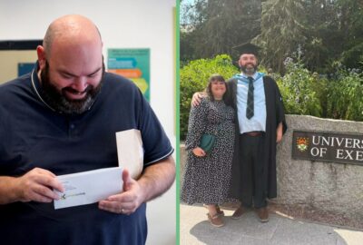 David opening his GCSE results in 2023, and graduating at the University of Exeter this year