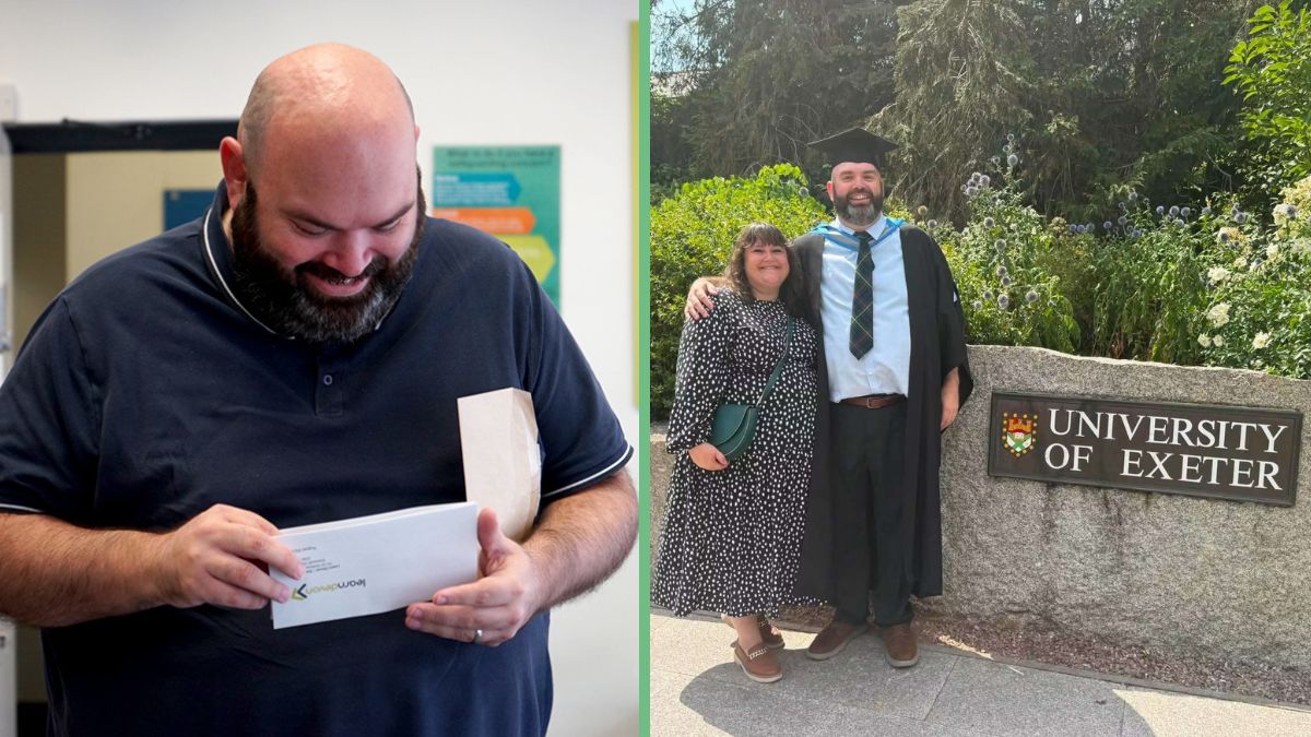 David opening his GCSE results in 2023, and graduating at the University of Exeter this year