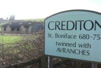 Sign for Devonshire town of Crediton, where proposed Boniface Trail cycling and walking route would start