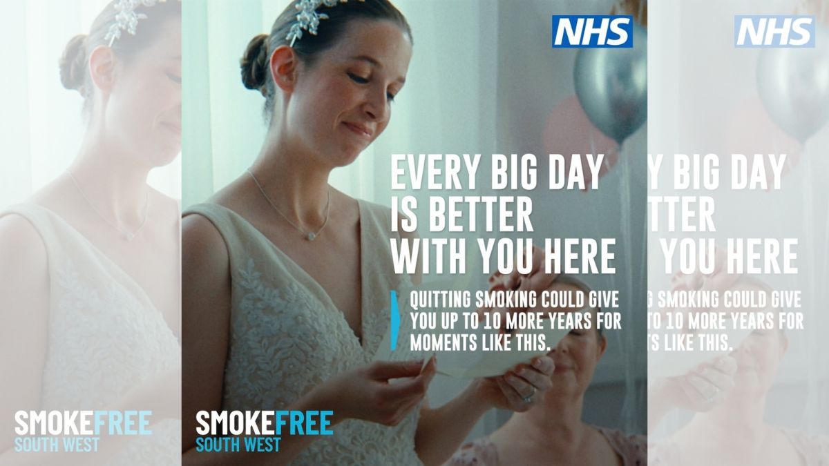Person in a wedding dress reading a card, with NHS Smokefree South West campaign text promoting quitting smoking for more years with loved ones.