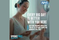 Person in a wedding dress reading a card, with NHS Smokefree South West campaign text promoting quitting smoking for more years with loved ones.
