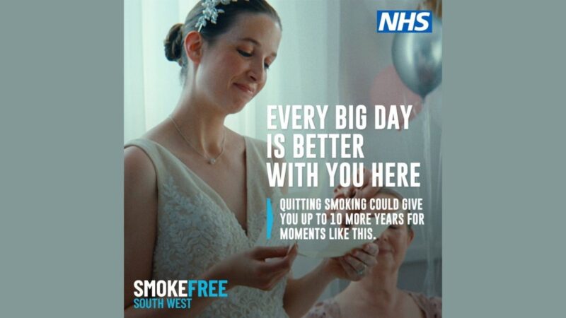Person in a wedding dress reading a card, with NHS Smokefree South West campaign text promoting quitting smoking for more years with loved ones.