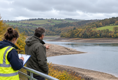 Council staff inspecting low water levels at Devon reservoir