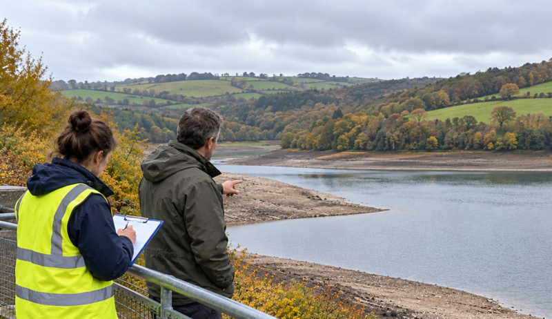 Council staff inspecting low water levels at Devon reservoir