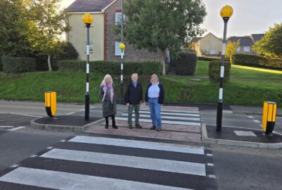 Devon councillors pose outside Okehampton primary school on new zebra crossing