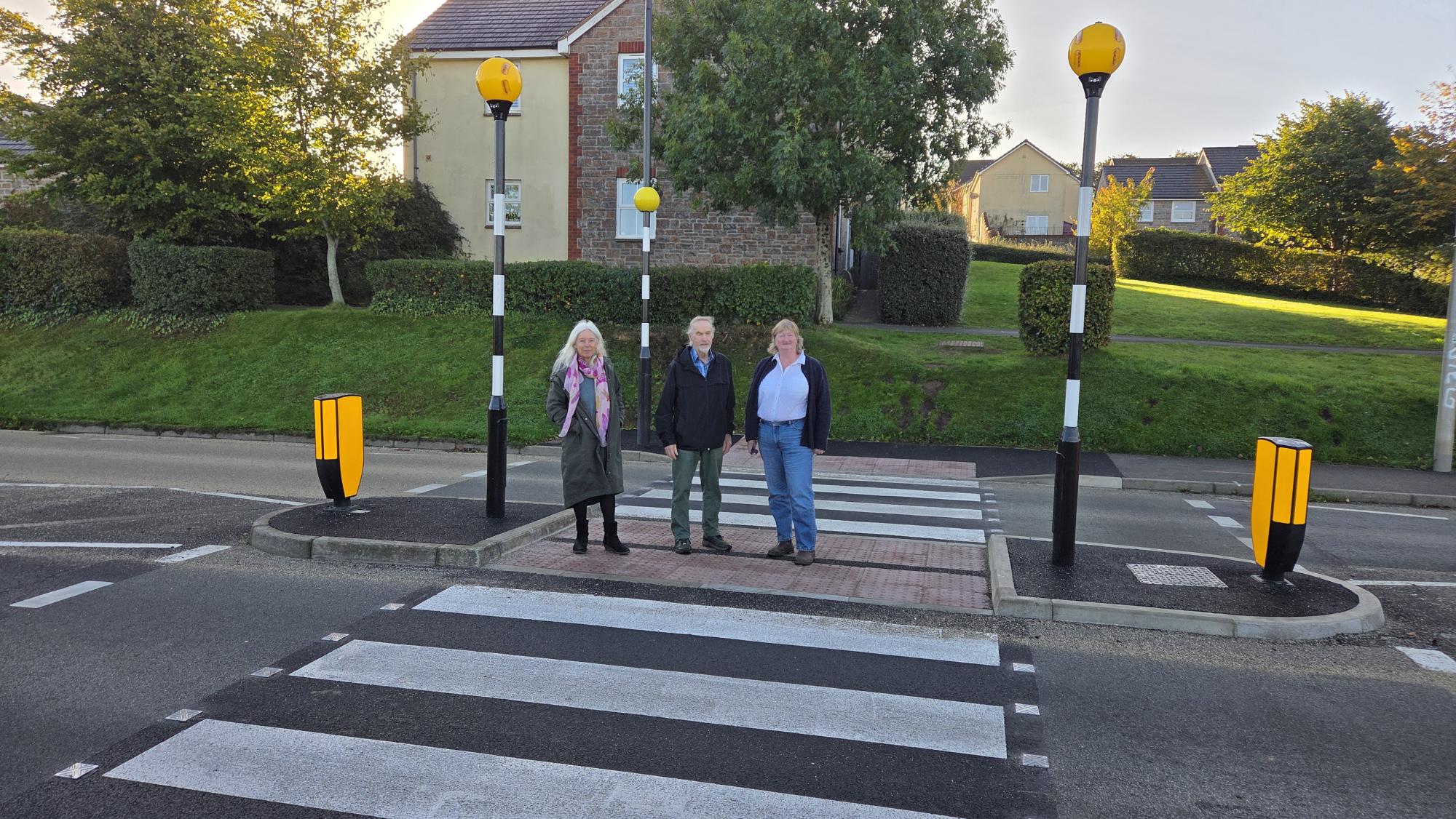 Devon councillors pose outside Okehampton primary school on new zebra crossing