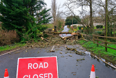Devon County Council archive photo of a road closure due to a fallen tree caused by a storm.