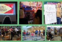 Collage of activities in libraries, including a film screening, live music, a photography for wellbeing session, exercise, robotics and a bicycle workshop.