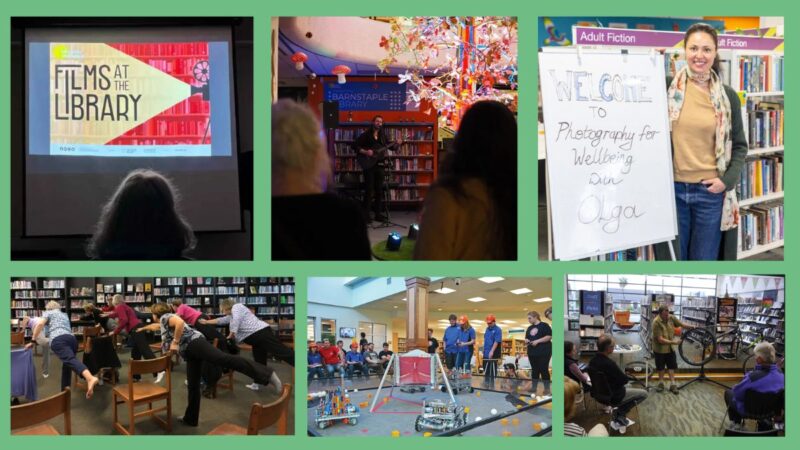 Collage of activities in libraries, including a film screening, live music, a photography for wellbeing session, exercise, robotics and a bicycle workshop.