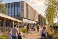 Artist’s impression of Cranbrook Leisure and Wellbeing Centre, with people walking and cycling outside.