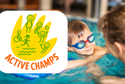 A young child learning to swim in a pool, along with a logo for the Active Champs movement.