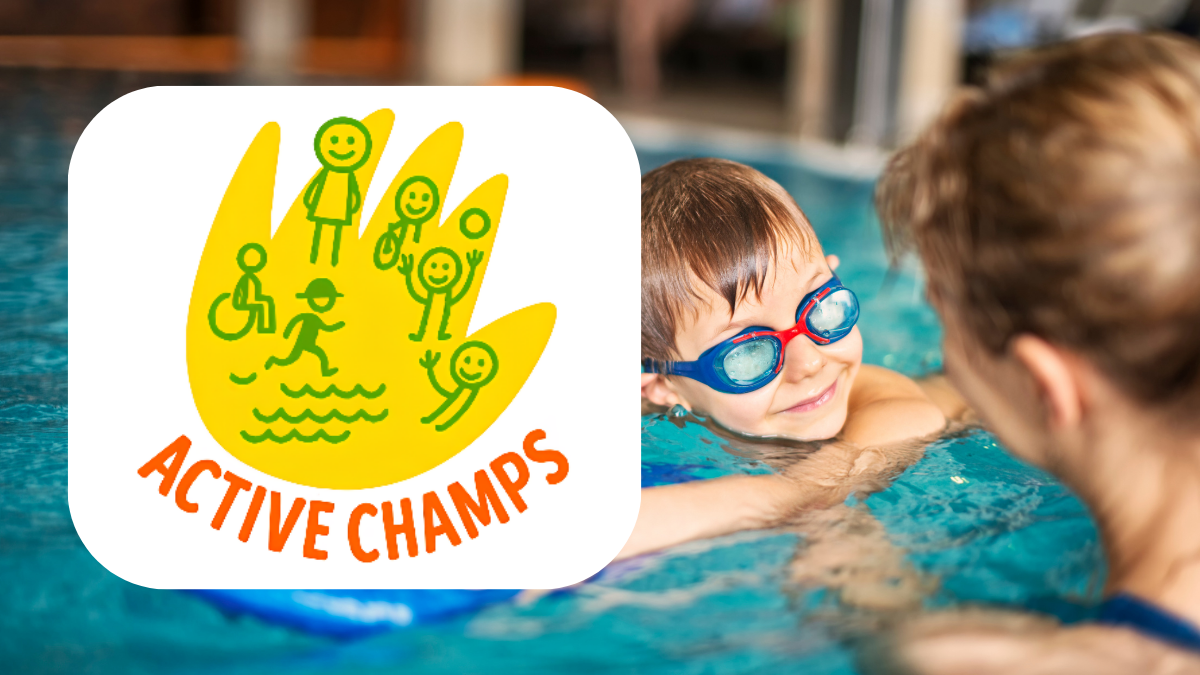 A young child learning to swim in a pool, along with a logo for the Active Champs movement.