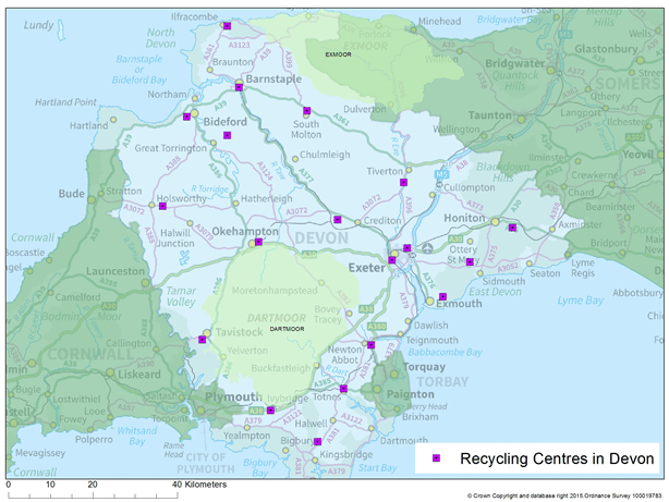 Map showing recycling centres in Devon