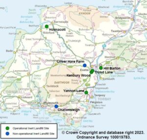Map showing operational inert landfill sites in Devon . These include Holmacott in North Devon, Hill Barton in in East Devon as well as Trood Lane, Kenbury Wood and Yannon Lane in Teignbridge. The map also shows the non-operational inert landfill site. These include Lower Hare Farm in Teignbridge and Challonsleigh in South Hams.