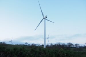 Denbrook wind farm in North Tawton. The turbines are set in fields.