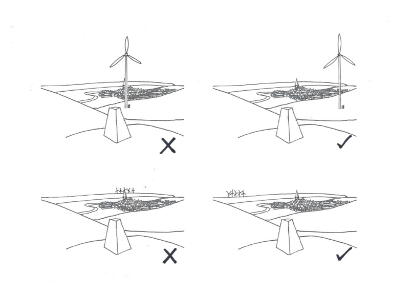 Four black and white sketches that are used to illustrate the right and wrong positioning of turbines in relation to blocking or distracting from views of the landscape.