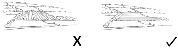 A sketch showing that solar panels that run across the slope of a landscape fit better with the 'grain' of the landscape.