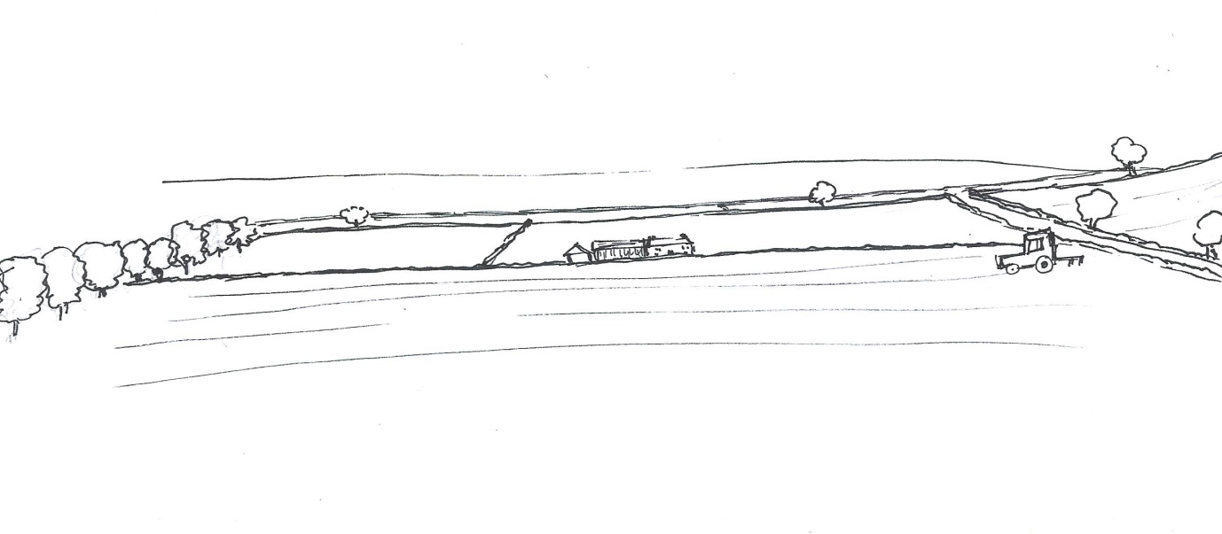 A simple black and white sketch of a large scale lowland Devon landscape with a simple landform and large regular fields.