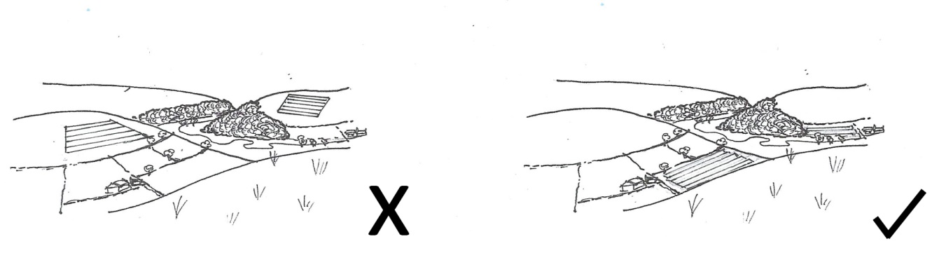 A sketch showing that solar panels on lower valley sides appear much less incongruous than those on upper slopes.