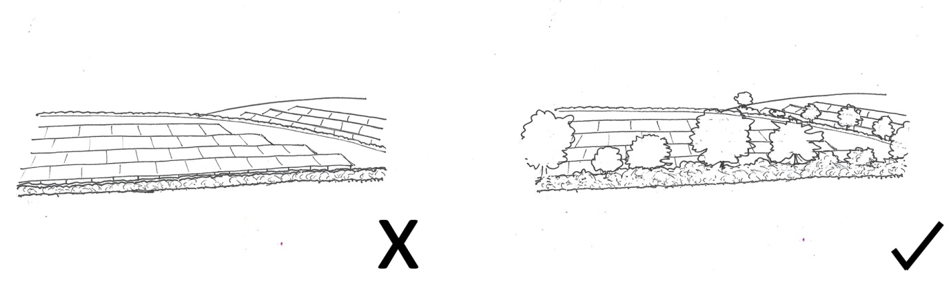 A black and white sketch illustrating that a PV array is better in a landscape with mature hedges.