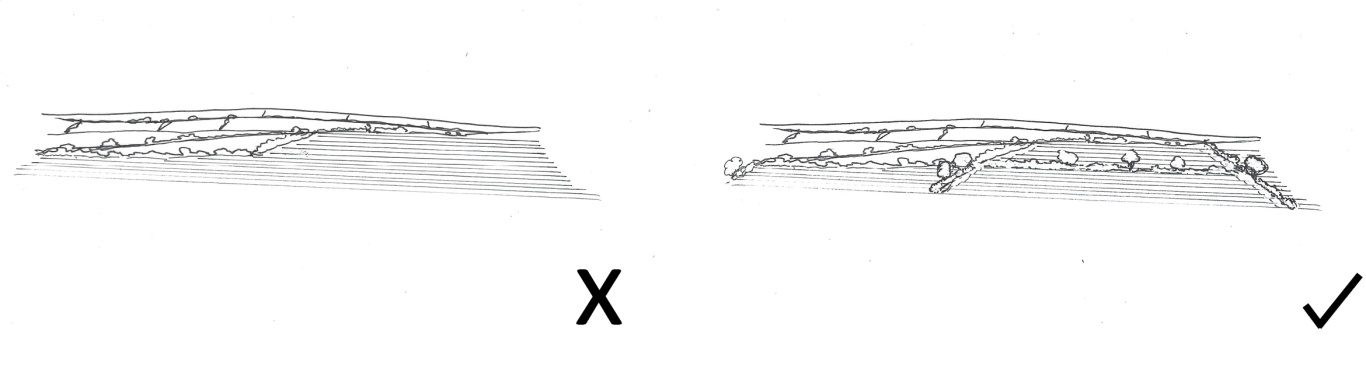 A black and white sketch showing that a PV array works better in a landscape with historic field pattern.