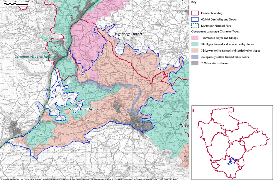Mid Dart Valley and Slopes Devon Character Area Map. Mostly within South Hams District but partly in Teignbridge District and Dartmoor National Park. Component Landscape Character Types are 1E Wooded ridges and hilltops, 3A Upper farmed and wooded valley slopes, 3B Lower rolling farmed and settled valley slopes, 3C Sparsely settled farmed valley floors and 7 Main cities and towns.