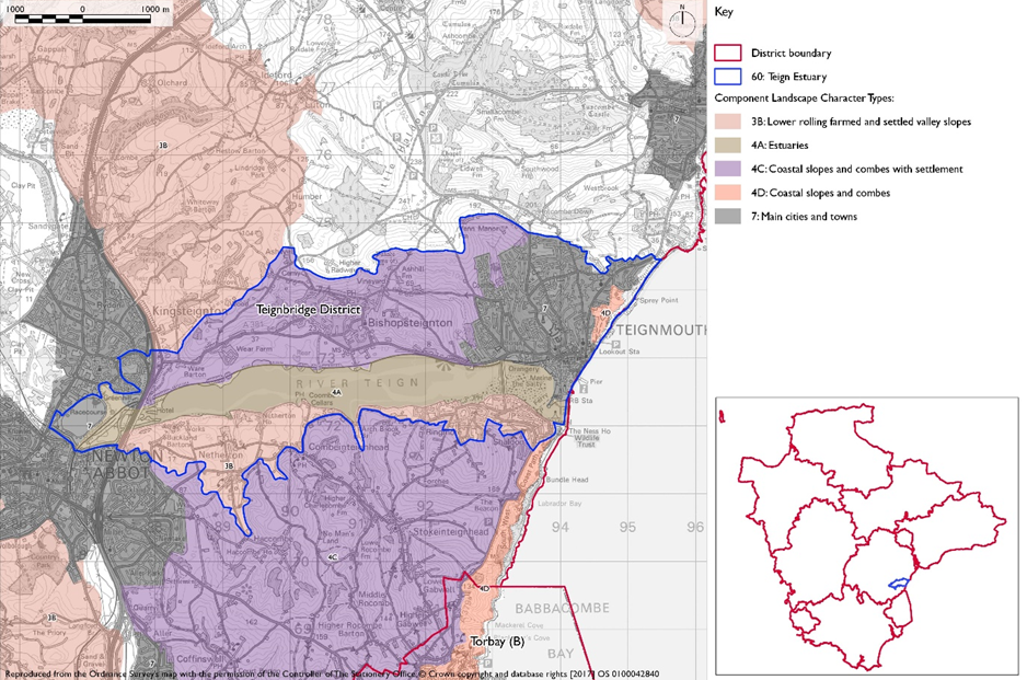 Map of Devon Character Area 60 'Teign Estuary'. Shows: District Boundary in red; DCA60 boundary n blue; with Landscape Character Types 3B Lower rolling farmed and settled slopes in subdued pink; 4A Estuaries in beige; 4C Coastal slopes and combes with settlement in purple; 4D coastal slopes and combes in salmon; and 7 main cities and towns in dark grey.