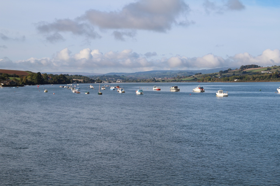 Devon Character Area 60 View west from Teignmouth and Shaldon Bridge up the Teign Estuary. GPS Coordinates 293103, 72629. View over the water of the Teign Estuary, rolling hills either side, with lots of colourful fields and tree-lined hedgerows. Boats moored in the centre of the river. Dartmoor in distance.