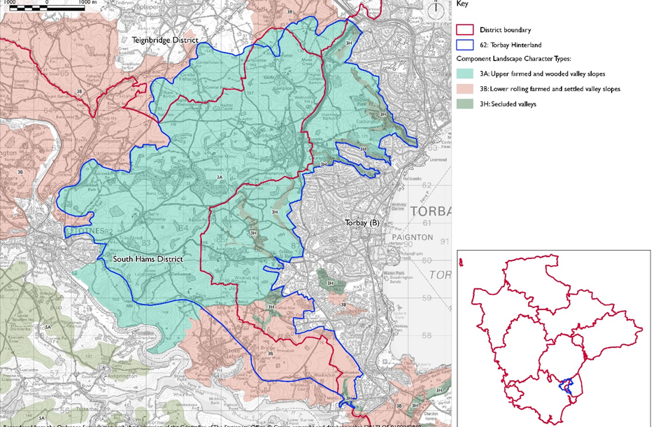 Devon Character Area 62 Torbay Hinterland Map. Straddles Teignbridge, Torbay and South Hams. The majority is 3a Upper farmed and wooded valley slopes (turquoise green); there is a section of 3B Lower rolling farmed and settled valley slopes (salmon pink) to south, and outside the DCA to north and north-west. There are small areas of 3H Secluded Valleys (grey-green) scattered to the eastside.