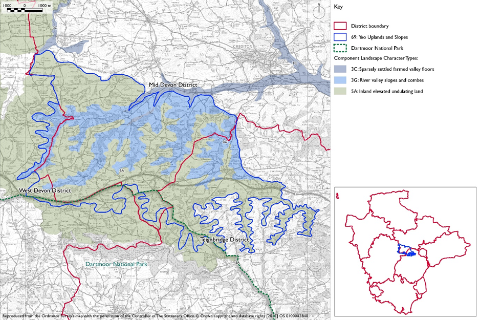 Devon Character Areas 69 Yeo Uplands and Slopes Map. The area covers Mid Devon, West Devon, Teignbridge and Datmoor. Within this area are: 3C Sparsely settled farmed valley floors (grey-blue); 3G River valley slopes and combes (blue); and 5A Inland elevated undulating land (grey-green).