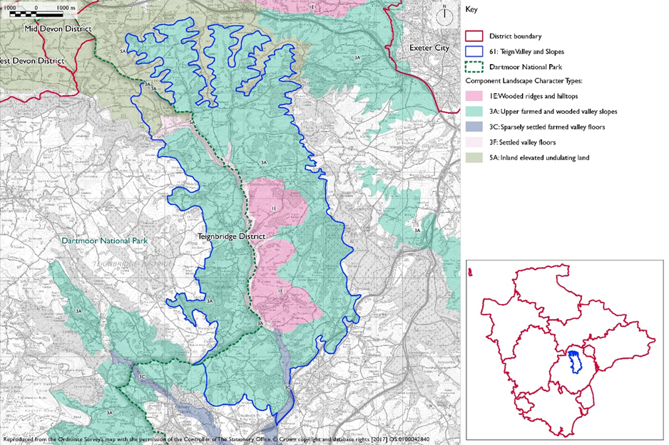 Devon Character Area 61 Teign Valley and Slopes Map. Mapped area is within Teignbridge District. The western half is within Dartmoor National Park. Includes Landscape Character Types: 1E Wooded ridges and hilltops (dark pink); 3A Upper farmed and wooded valley slopes (turquoise-green); 3C Sparsely settled farmed valley floors (grey); 3C Settled valley floors (pale pink); and 5A Inland elevated undulating land (olive green).