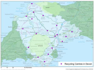 Map showing recycling centres in Devon