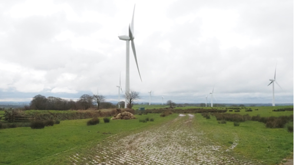 Windfarm at Batsworthy Cross. A number of turbines are situated in an area of countryside with hedges and trees visible.