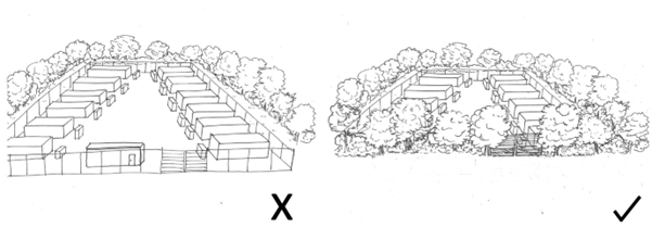 Black and white illustration showing the right and wrong approach to fitting a BESS development into the existing landscape structure.