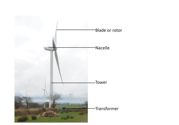 The components of a wind turbine are the blade or rotor, the nacelle, the tower and the transformer.