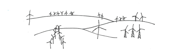 A simple black and white sketch illustrating how clusters of wind turbines can dominate a landscape.