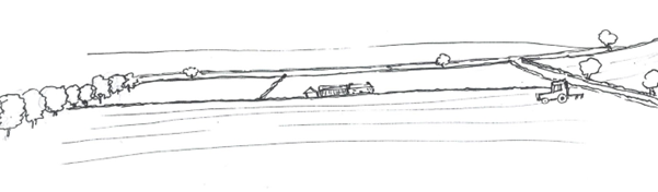 Simple black and white sketch of a countryside landscape.