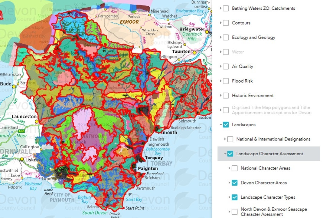 Devon Environment Viewer LCT and DCA screenshot. Map of Devon with the Landscape Character Types as different coloured polygons plus the Devon Character Areas as red outline polygons.