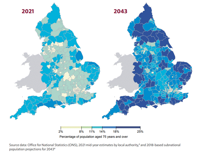 Map of England showing the projected rise in the percentage of the population aged 75 years and over from 2021 to 2043.