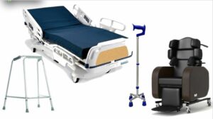 a walking frame, adjustable bed and reclining armchair