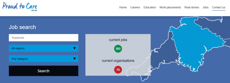 Proud to Care website screen-shot of job search page view