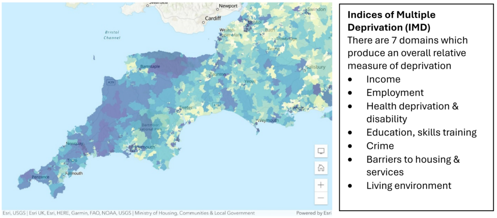 Map showing South West neighbourhoods according to rank on the Index of Multiple Deprivation 2019, which includes domains for income, employment, health, education, crime, barriers to service and living environment. As well as showing hotspots of urban deprivation, it also highlights significant rural deprivation in the South West Peninsula, centred on North and West Devon, Cornwall, and West Somerset.