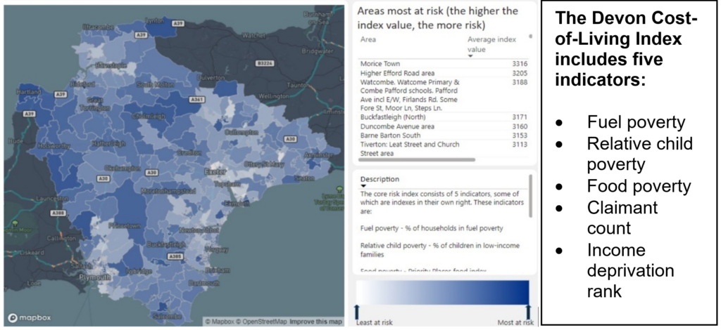 Map and description showing the Devon Integrated Care System Cost-of-Living Index from 2023, which combined indicators on fuel poverty, relative child poverty, food poverty, the claimant count, and income deprivation at a neighbourhood level. This reveals cost-of-living challenges across most of the county including neighbourhoods in both urban and rural areas.