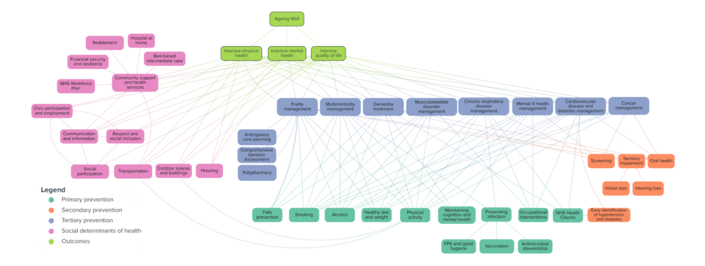 An ageing well theory of change system maps which sets out influences and their interconnections in relation to primary prevention, secondary prevention, tertiary prevention, social determinants of health, and outcomes.