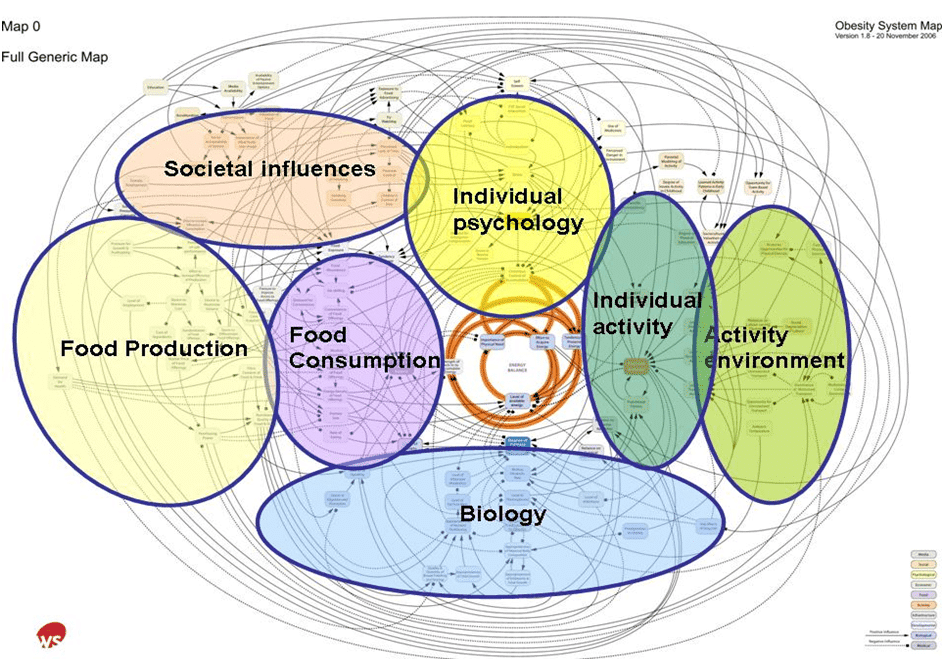 Foresight systems maps for obesity with thematic cluster shadings