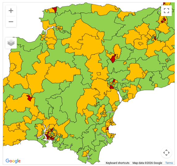 Map of Devon illustrating the differences in female life expectancy across the county.